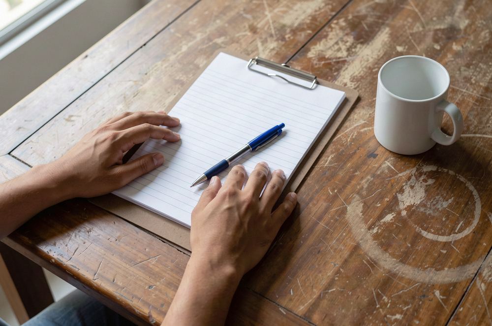 Hands resting on a clipboard and notepad at a kitchen table